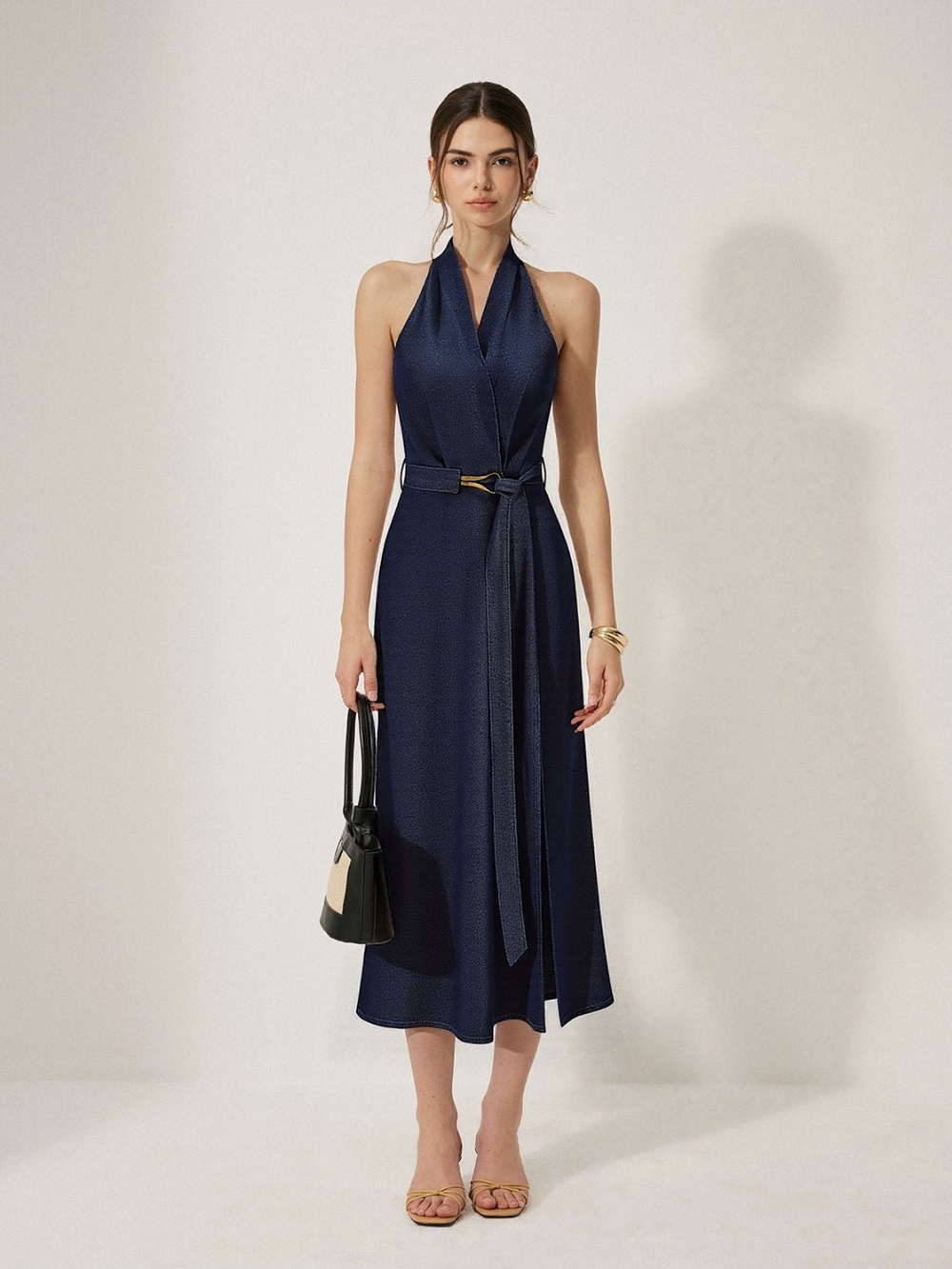 Commense Dark Indigo Halter Denim Midi Dress with Belt - Picture 4 of 6